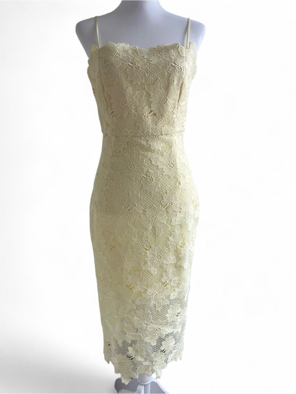 Bardot Light Yellow Floral Lace Spaghetti Strap Bodycon Midi Dress US 8